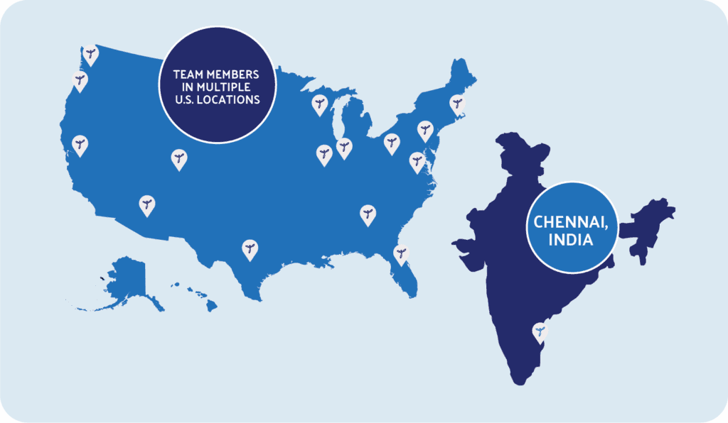 Infographic featuring a map of the United States of America, as well as India, with pin points scattered about. The pin points on the map represent Inspire's employees being located in all different areas of the USA, as well as in Chennai, India.