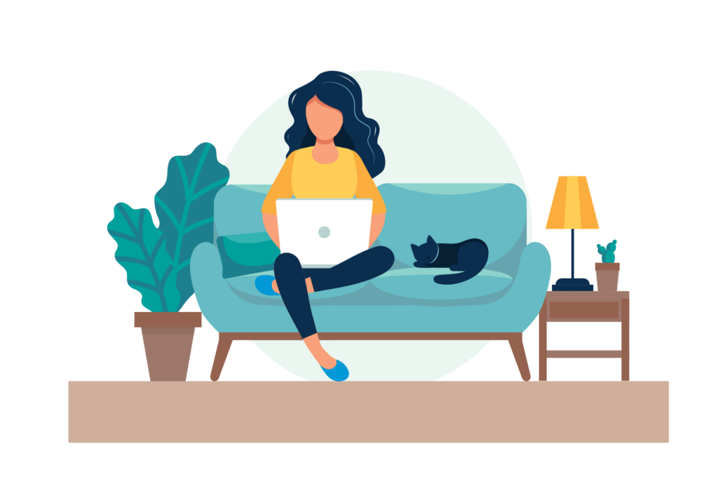 Illustration of a woman sitting on a couch with a cat, while working with her lap top computer