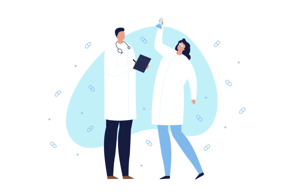 Illustration of a healthcare worker successfully collaborating with a research scientist