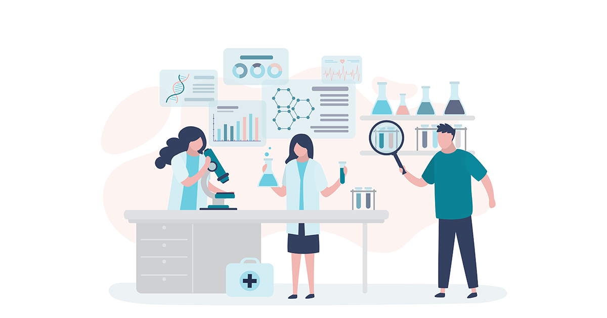 Cartoon depiction of individuals analyzing data in a lab setting