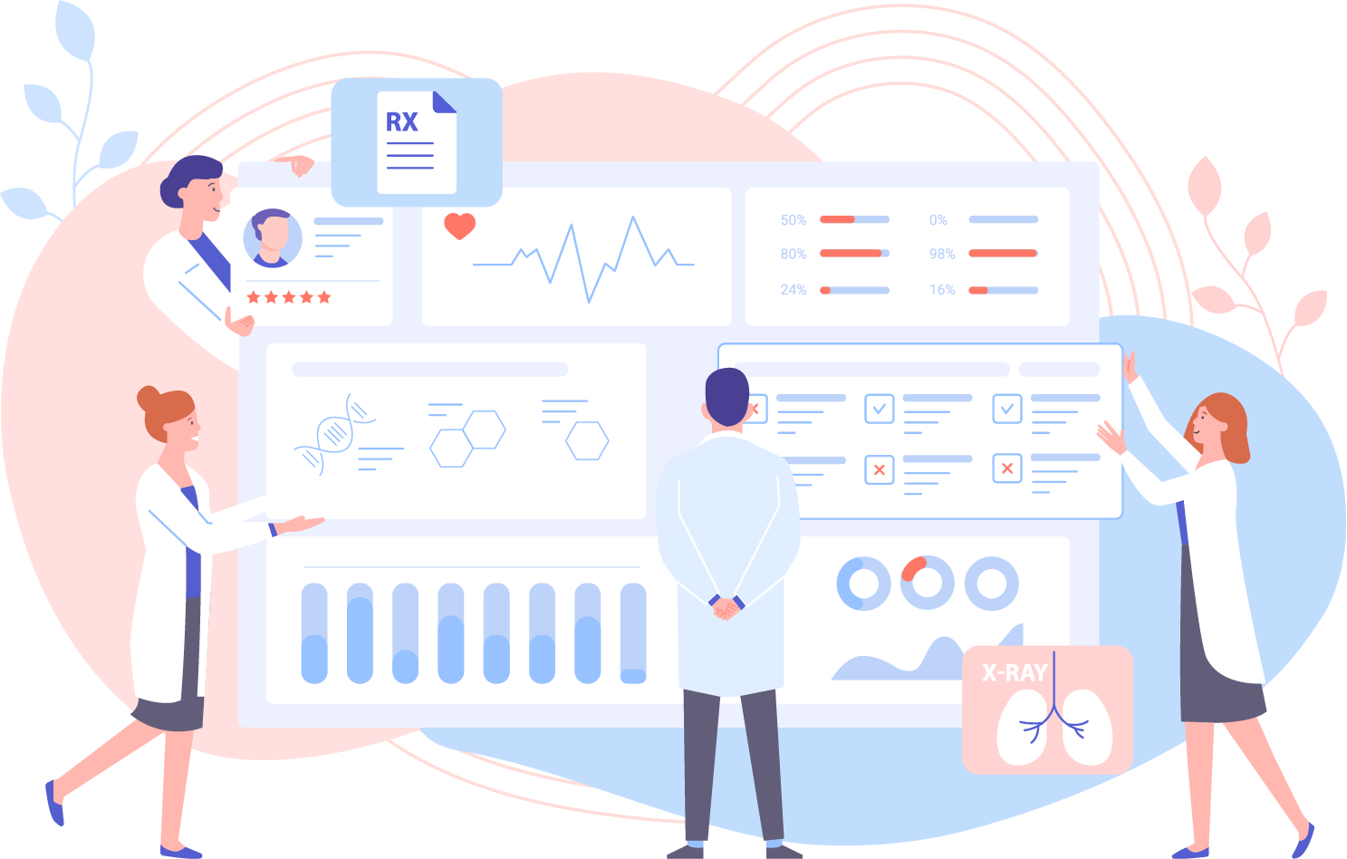 Illustration of a group of qualified individuals displaying and analyzing a collection of health data