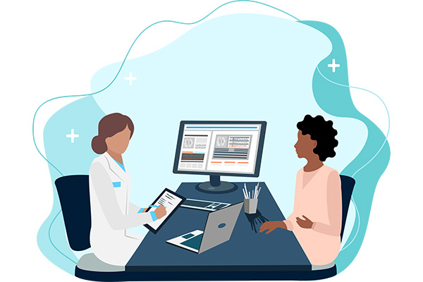 Illustrated cartoon image of physician and patient interacting at desk while reviewing medical information