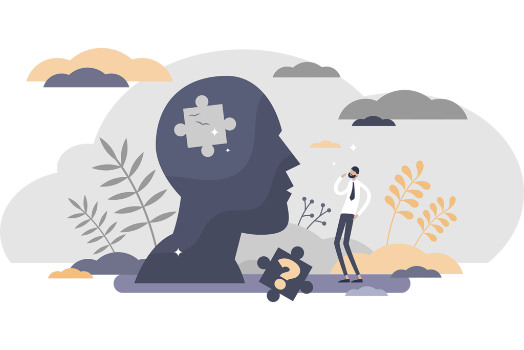 Illustration of person trying to put puzzle pieces together regarding another person's brain